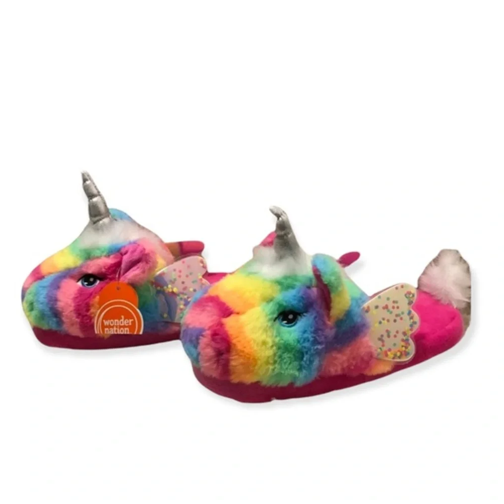 Wonder Nation Slippers‎ Girls Size 4-5 Unicorn Slip On Rainbow